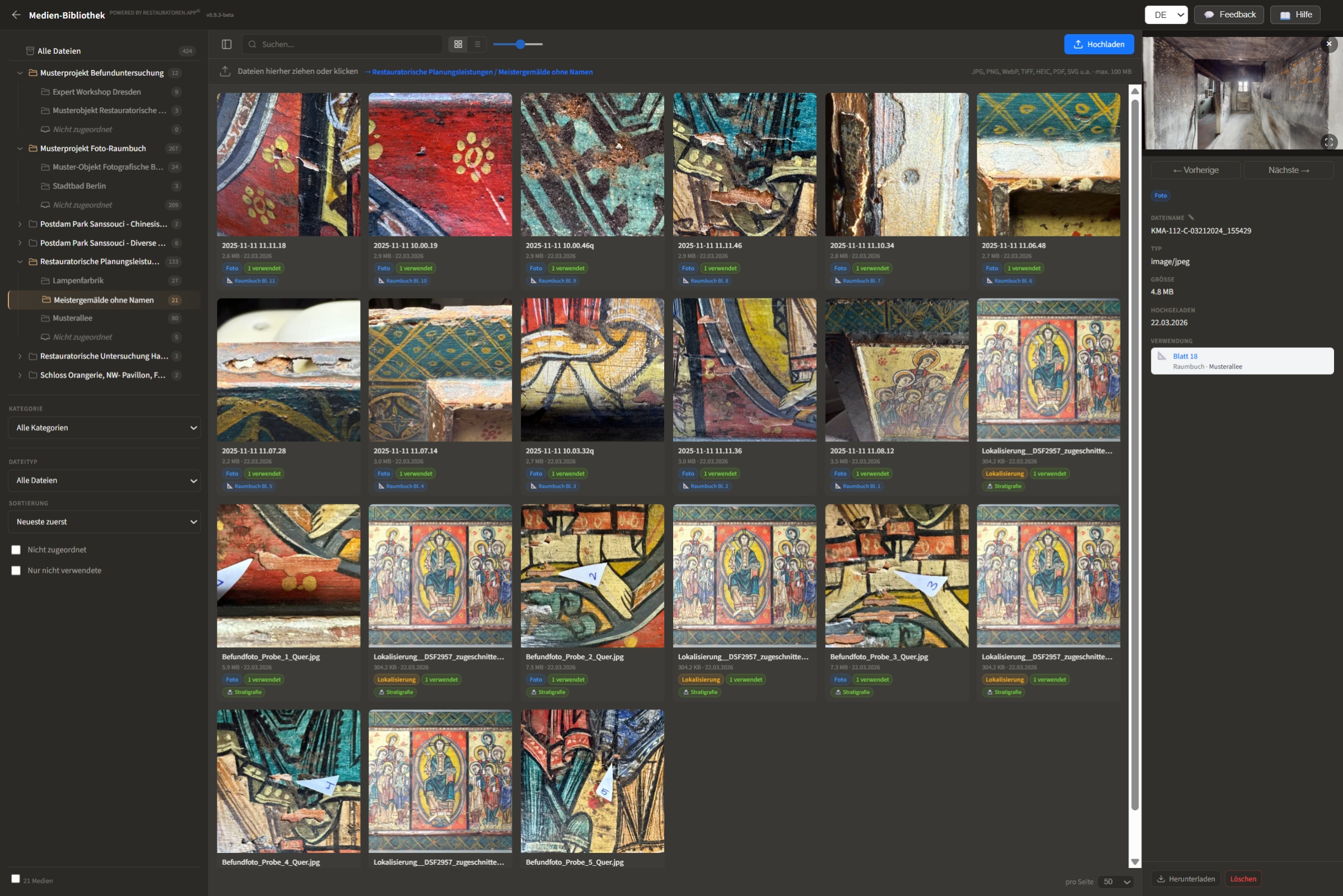 Proje ve nesneye göre sıralanmış kayıtlarla medya kütüphanesi.
